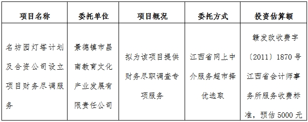 名坊園燈塔計劃及合資公司設立項目財務盡調服務計劃公告